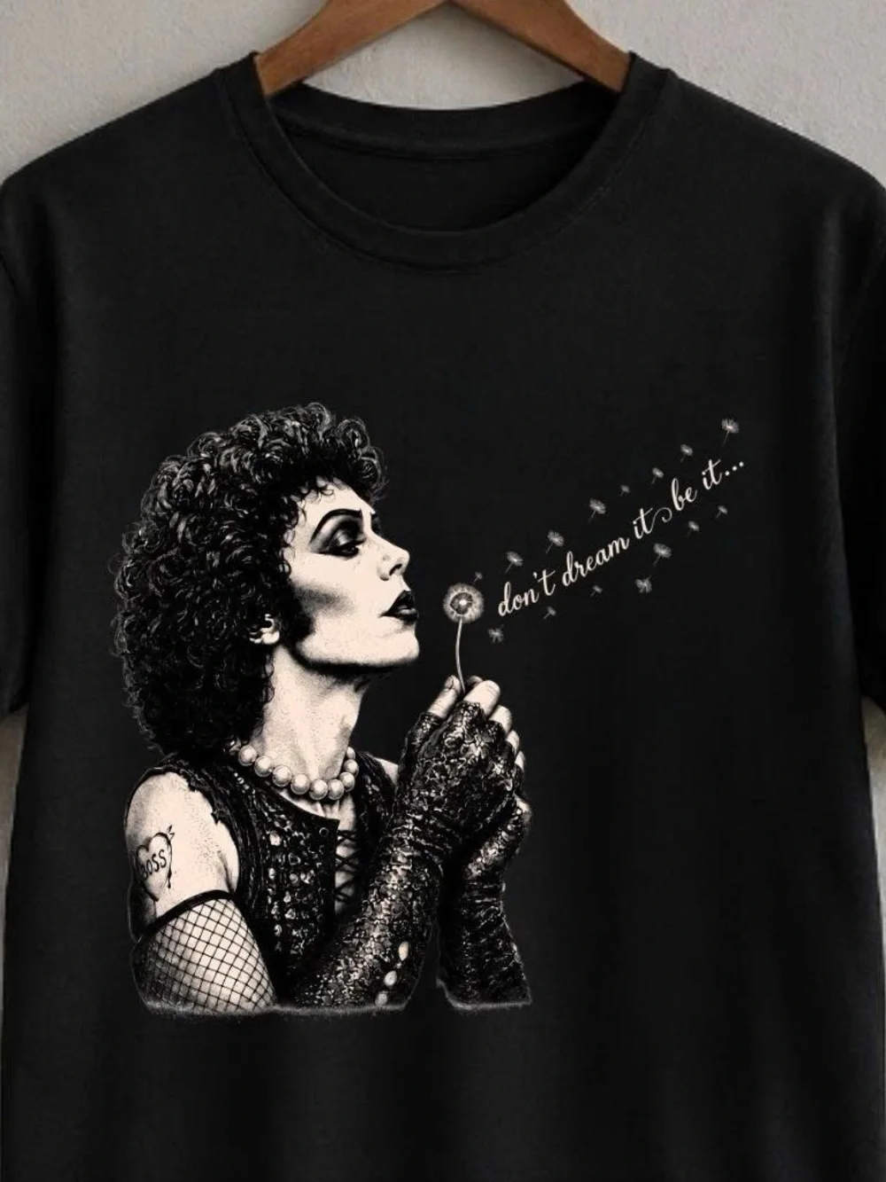 Tim Curry Black Women's Graphic Tee with Retro Portrait and 'Don't Dream It' Pri